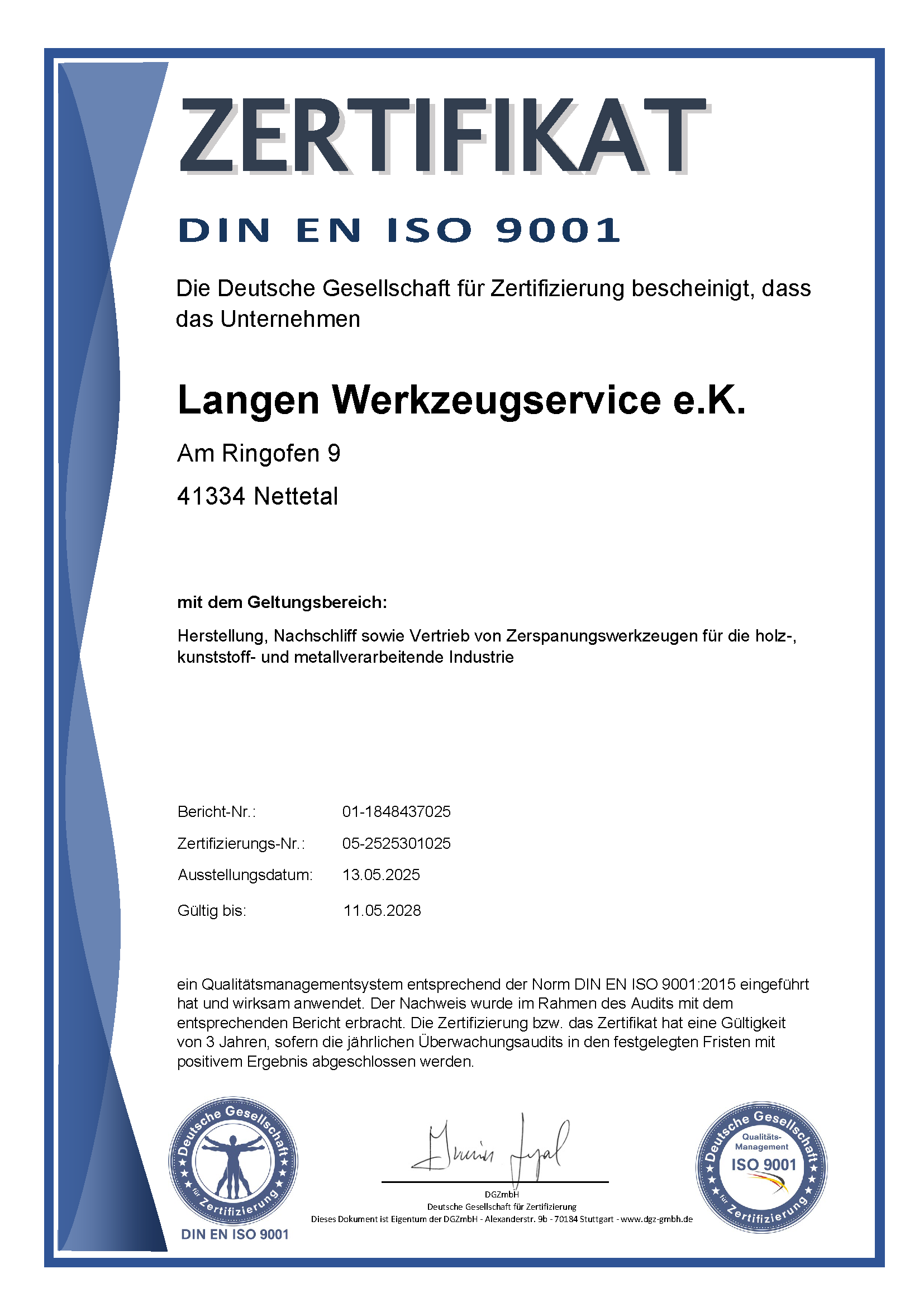 Zertifikat DIN EN ISO 9001:2015 von Langen Werkzeugservice