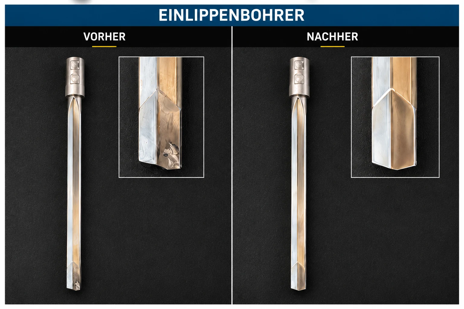 Einlippenbohrer vor und nach der professionellen Werkzeugaufbereitung