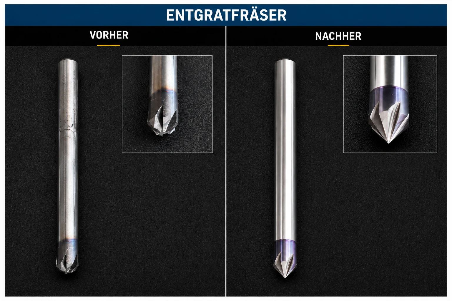 Entgratfräser vor und nach der professionellen Werkzeugaufbereitung