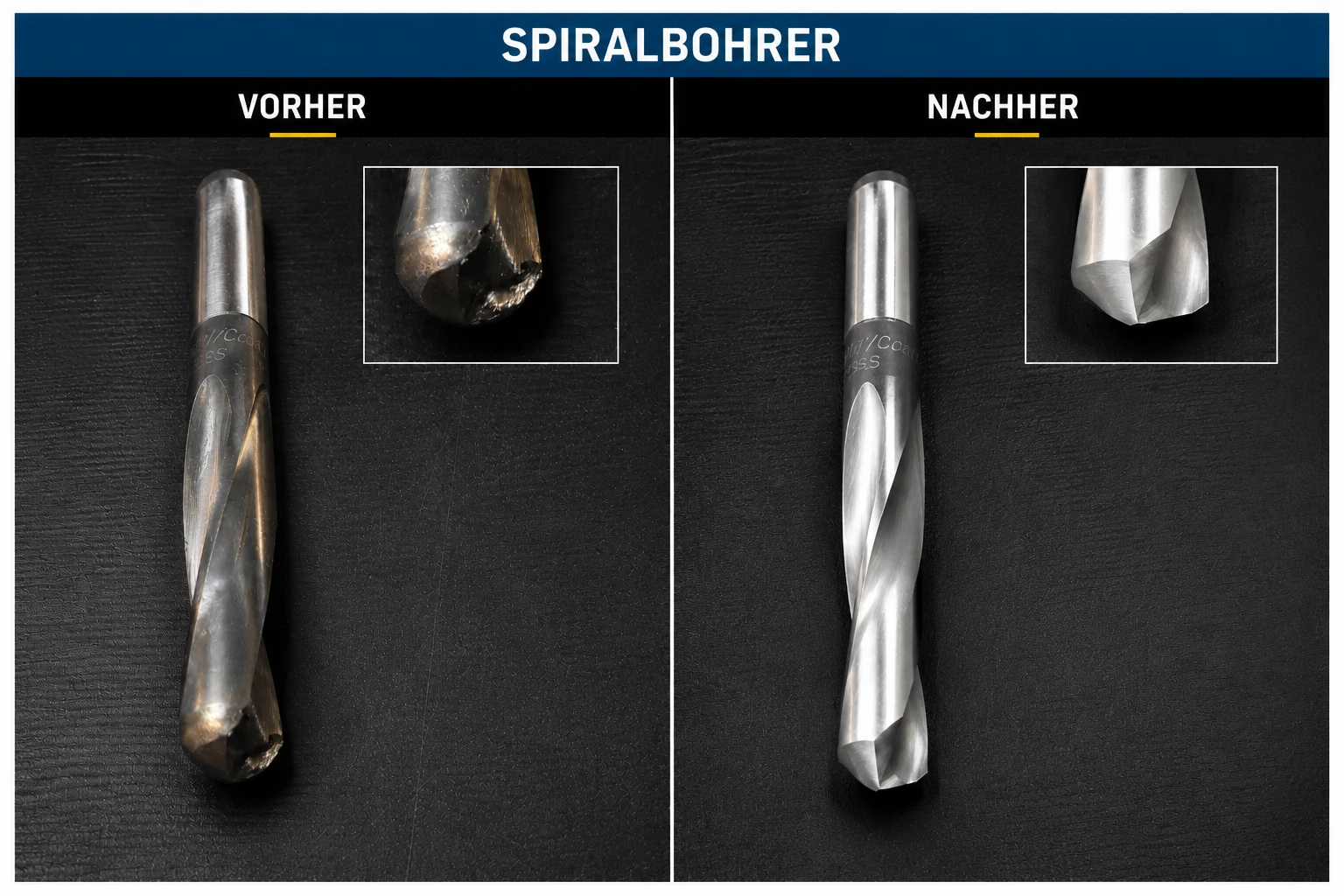 Spiralbohrer vor und nach der professionellen Werkzeugaufbereitung