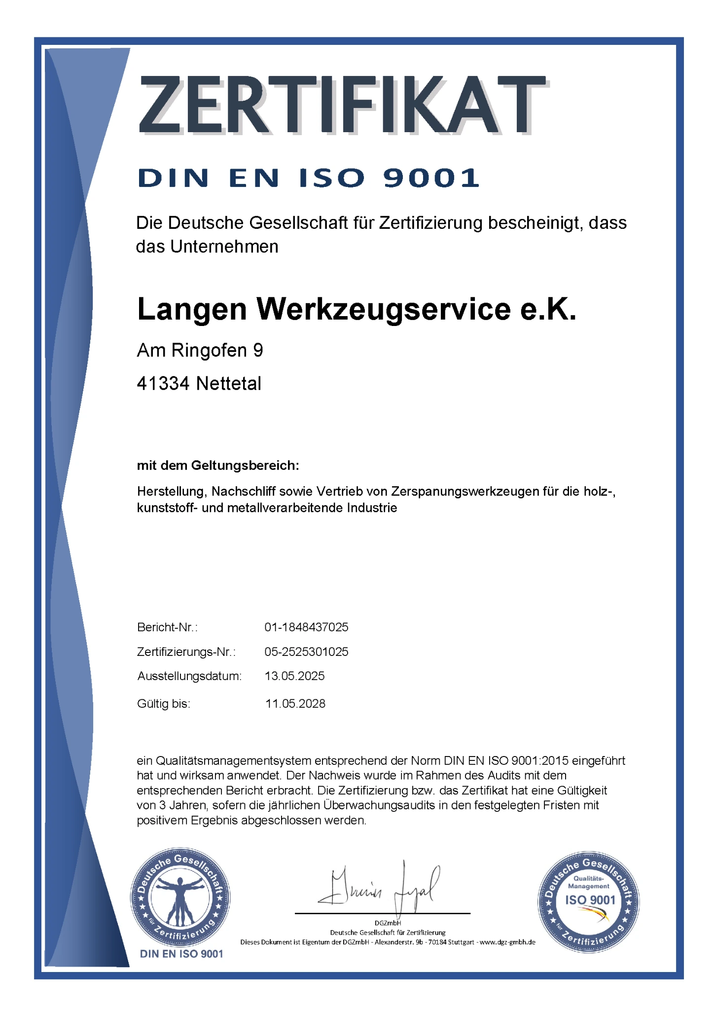 DIN EN ISO 9001 Zertifikat von Langen Werkzeugservice